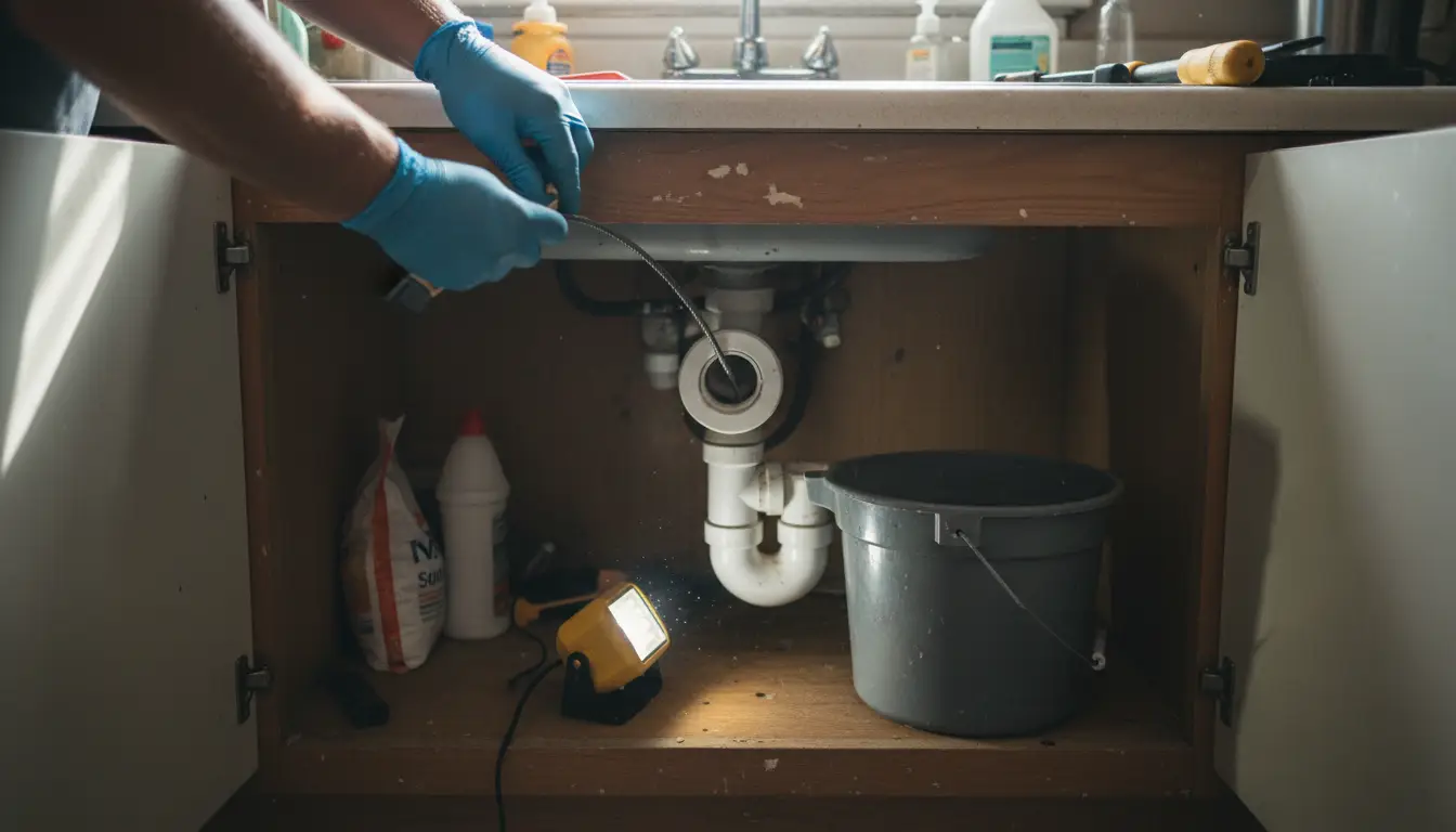 Gloved hands feeding a drain auger cable into a kitchen sink drain, the trap set aside in a bucket