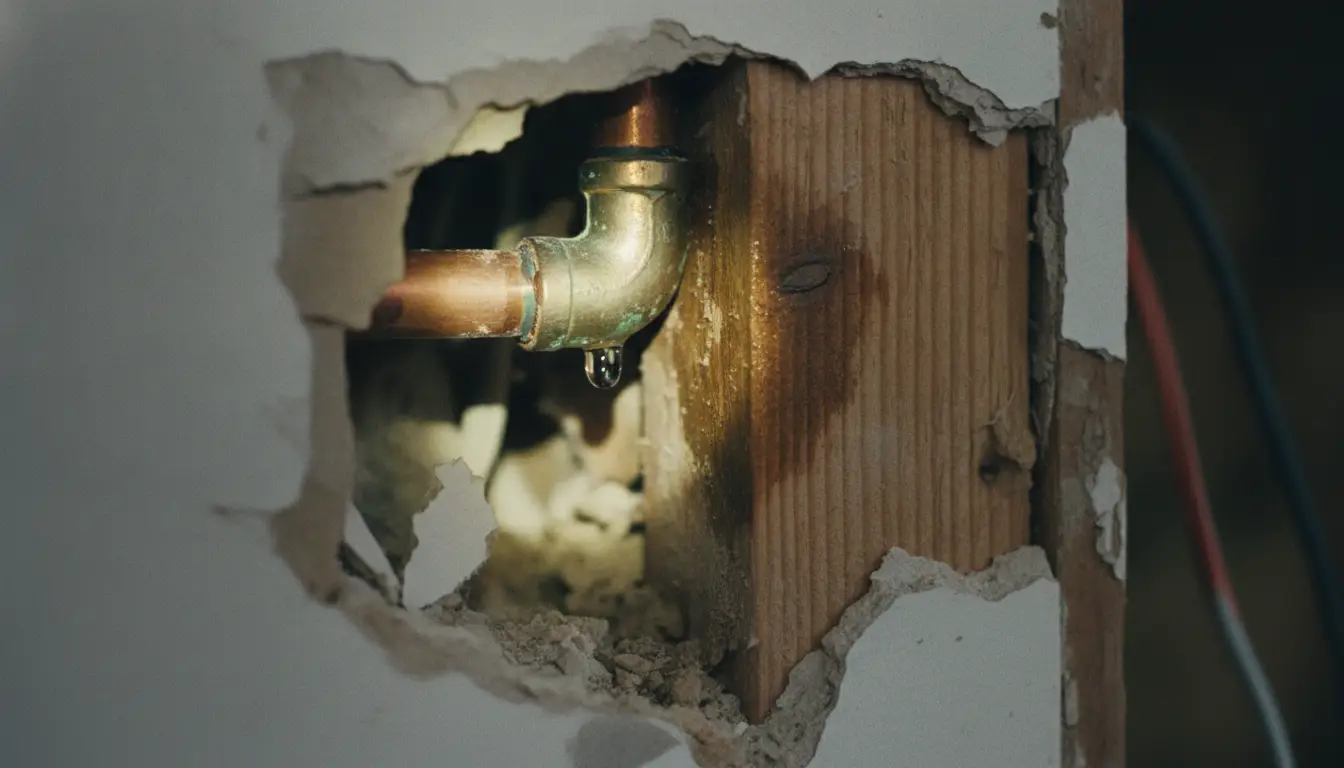 A dripping copper elbow joint exposed behind opened drywall, a water stain on the stud beside it